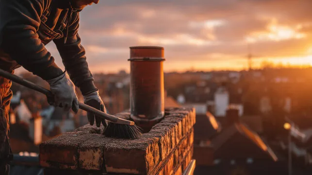 Sweep brushing a brick chimney top with a clay pot against a sunset sky