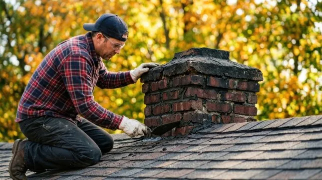 Mason kneeling on a roof checking an aging brick chimney crown