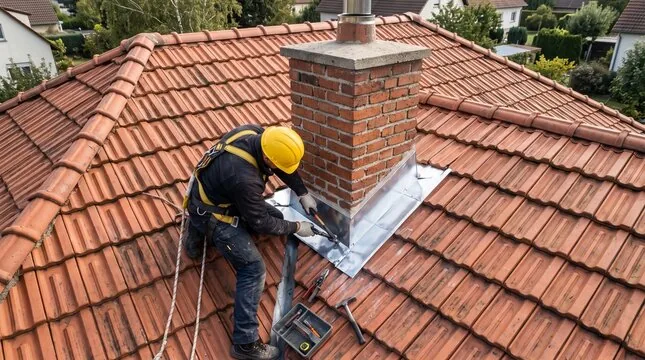 Harnessed roofer flashing a chimney on a tile roof