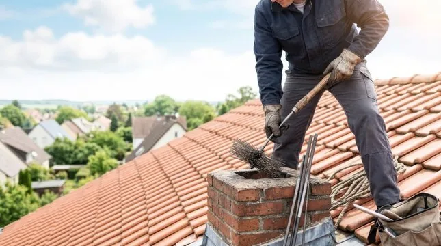 Sweep on a terracotta tile roof at a brick chimney